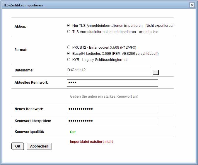 Dialog TLS-Zertifikat importieren